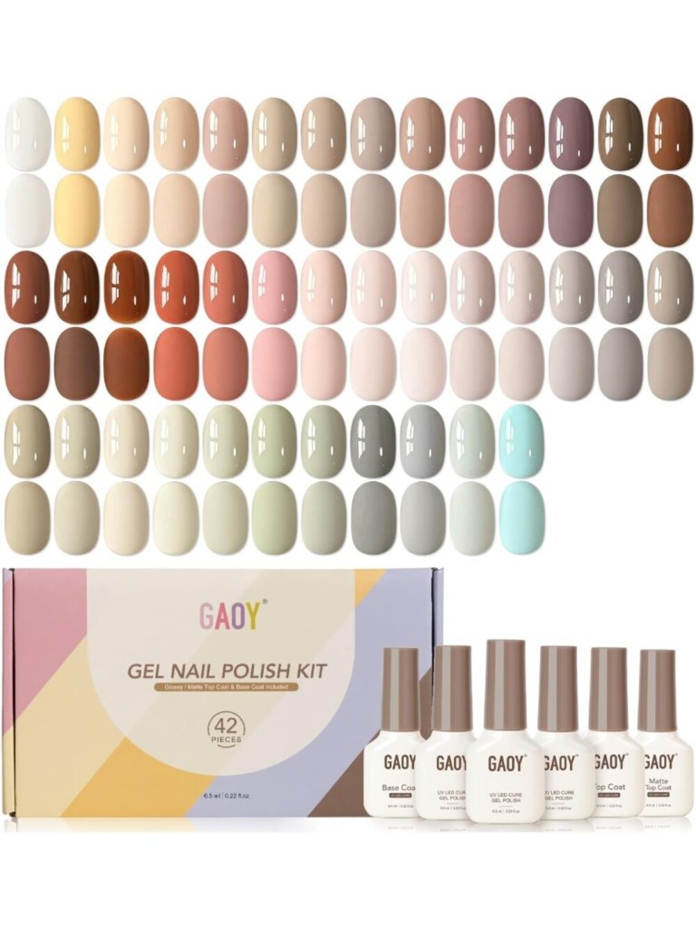 42 Pcs Gel Nail Polish Set - Nude, Gray & Brown Colors, Glossy & Matte Top Coat